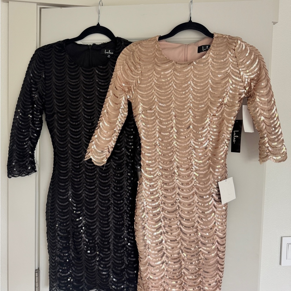 Lulu's Black and Gold Sequin Sleeve Dresses
